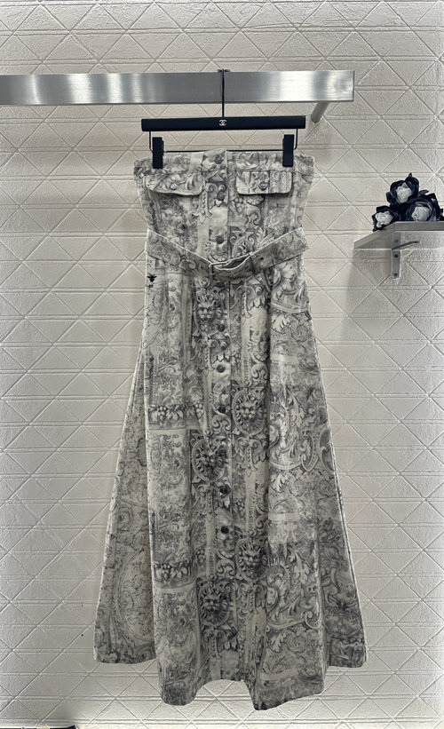 Dior Printed Denim Strapless Dress with Waist Belt