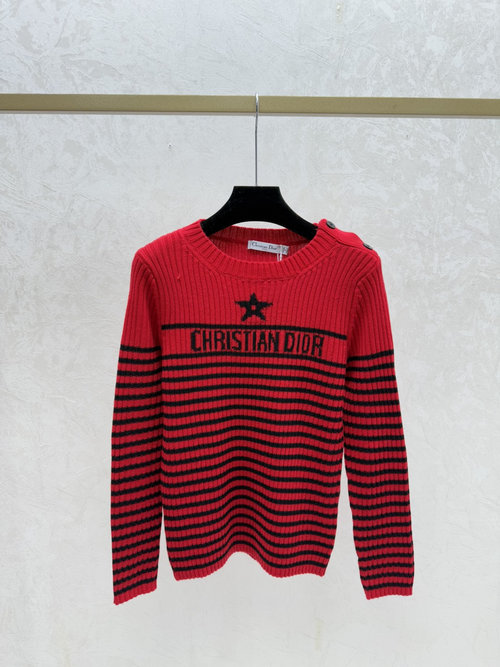 Dior Contrasting Star Letter Stripe Red Round-neck Long Sleeve Knit