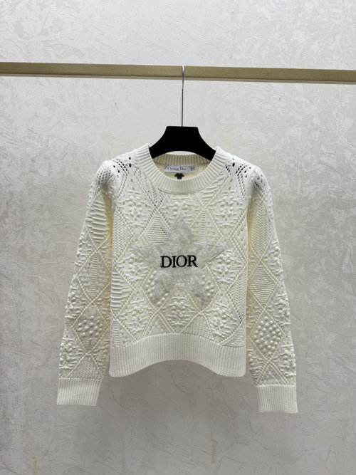 Dior Classic Knitted Long-Sleeved Round-Neck Top in White