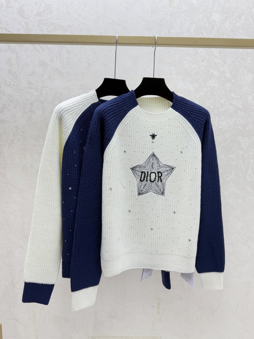 Dior Classic Knitted Long-Sleeved Round-Neck Top in White and Royal Blue
