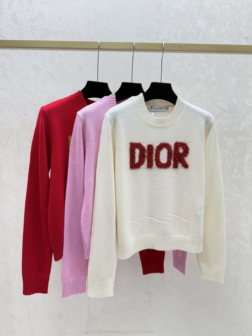 Dior Contrast Color Letter Jacquard Round Neck Knit Long Sleeve in White, Pink and Red