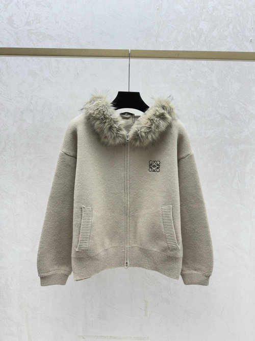 Loewe Solid Color Hooded Feather-Trimmed Knit Long-Sleeve Cardigan in Khaki