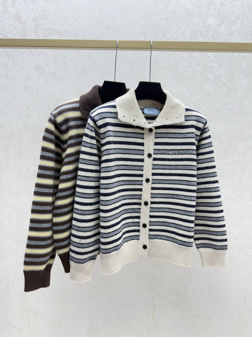 Prada Sophisticated Contrasting Stripe High-Neck Knit Long Sleeve Cardigan in White and Coffee