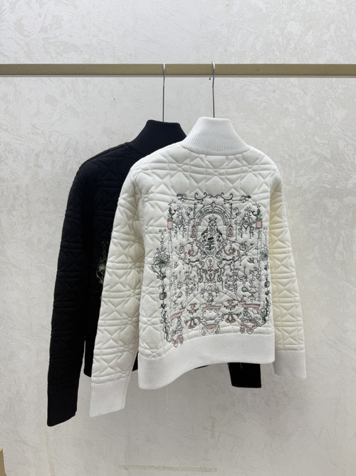 Dior Color-Blocked Arch Embroidery High-Neck Long-Sleeve Knit Cardigan in White and Black