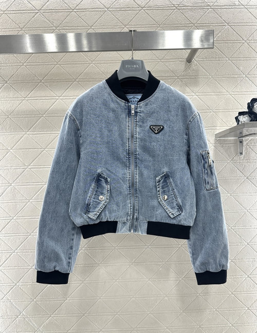 Prada Denim-Accented Baseball Cotton Jacket with Metallic Logo