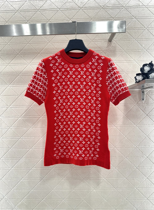 Louis Vuitton Bespoke Wool Knit Short-Sleeve Sweater with Jacquard and Logo Motifs