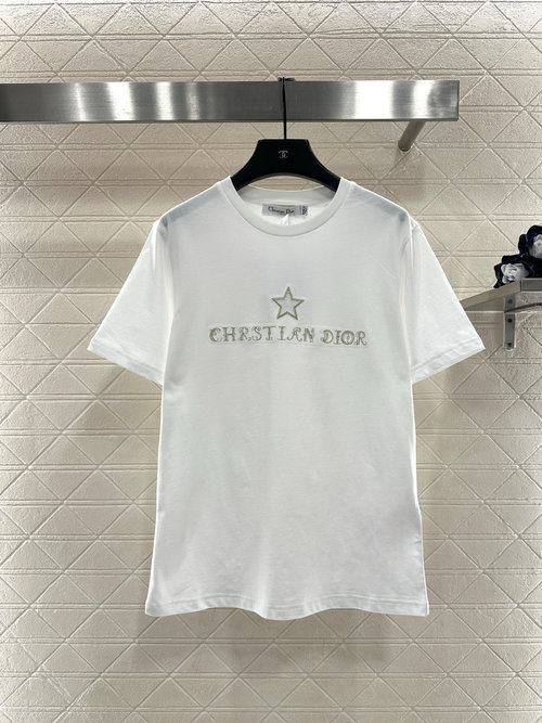 Dior Embroidered Sequin Logo Short Sleeve T-shirt, Breathable and Elegant