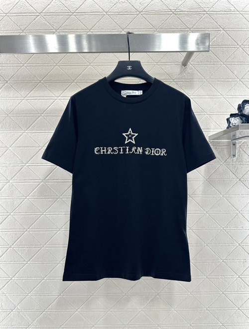 Dior Embroidered Sequin Logo Short Sleeve T-shirt, Breathable and Elegant