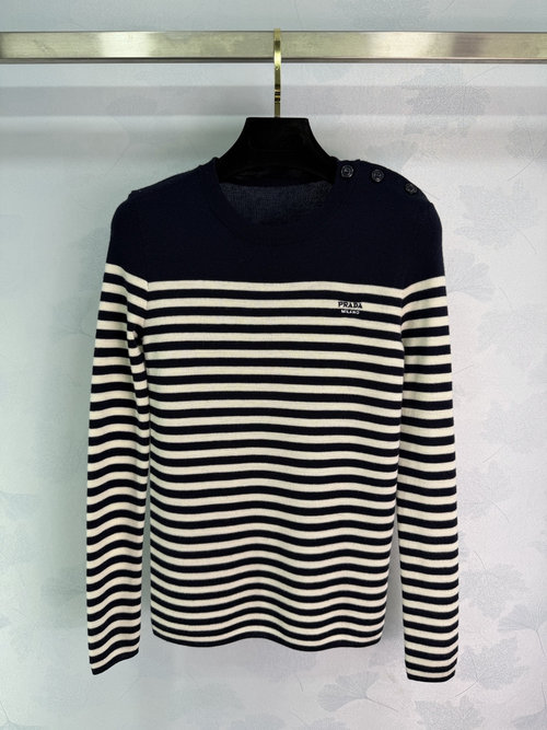 Prada Striped Knit Sweater with Logo and Button Accents - Classic Design