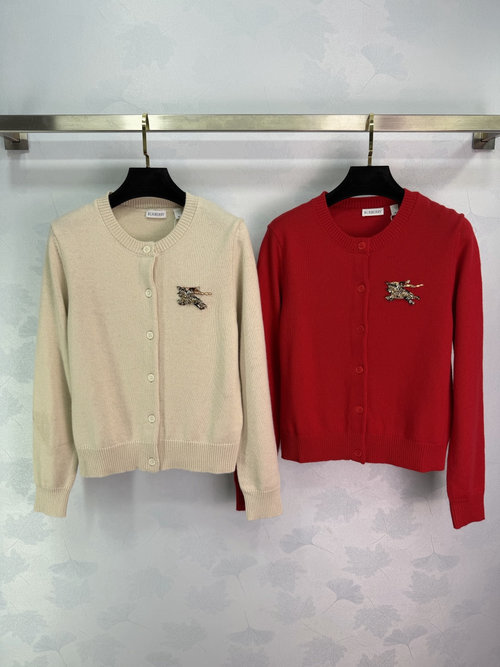 Burberry Horse-Embroidered Knit Cardigan with Classic Round Neck