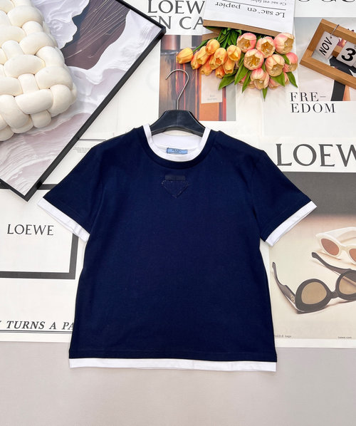 Prada Color-Blocked Fake Two-Piece T-Shirt with Triangular Logo