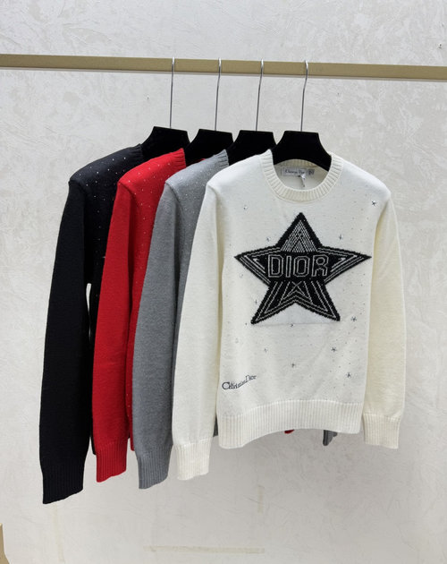Dior Knitted Long Sleeve with Colorful Star and Letter Rhinestones in White, Gray, Red, Black
