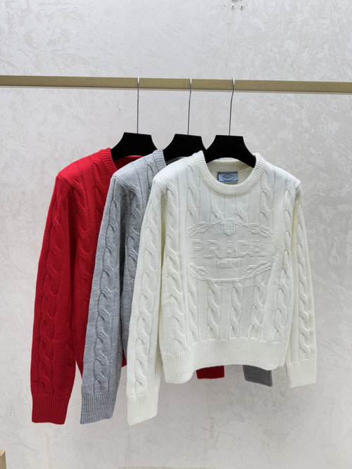 Prada Early Fall New: Solid Color Letter Jacquard Round-Neck Long-Sleeved Top