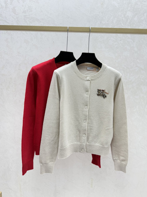Burberry Solid Color Simple Round - Neck Knitted Long Sleeve Cardigan in Apricot and Red