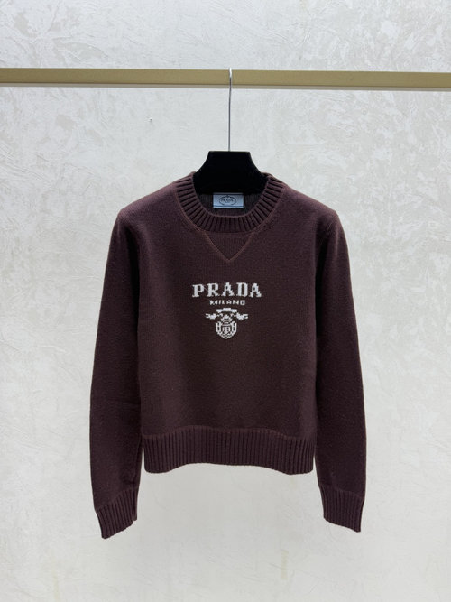 Prada Color-Blocked Letter Jacquard Round-Neck Knit Long Sleeve in Coffee, Gray and Red