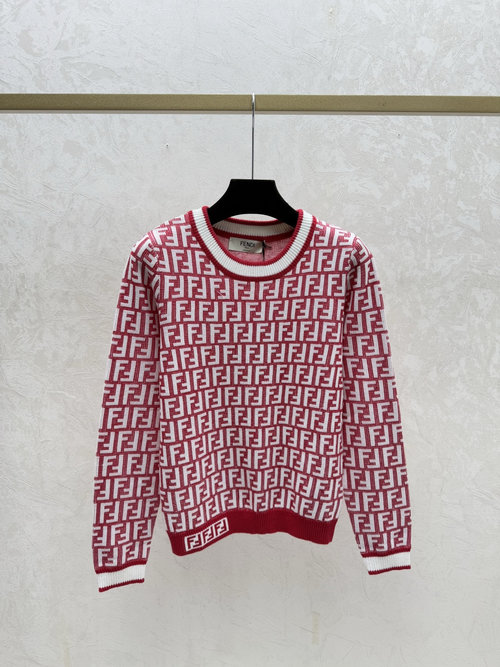 Fendi Color-Blocked Vintage Letter Round-Neck Knit Long Sleeve in Red