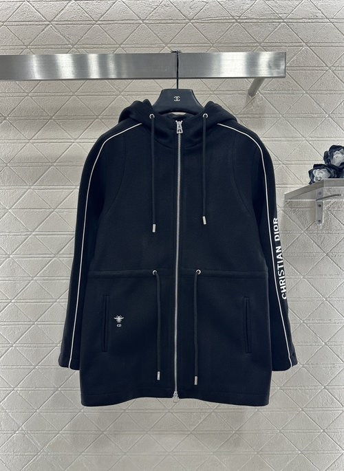 Dior Mid-length Hooded Drawstring Coat with Embroidered Details