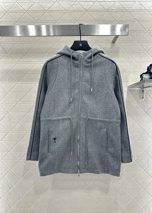 Dior Mid-length Hooded Drawstring Coat with Embroidered Details