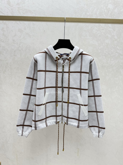 Louis Vuitton Hooded Contrasting Checked Vintage Letter Double-Sided Long-Sleeve Knit in Coffee