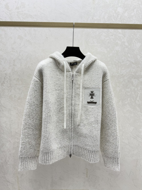 Chrome Hearts Solid Hooded Long-Sleeve Knit Cardigan in White