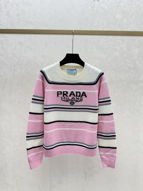 Prada Contrast Color Stripe Letter Round Neck Long-Sleeve Knit Top in Pink