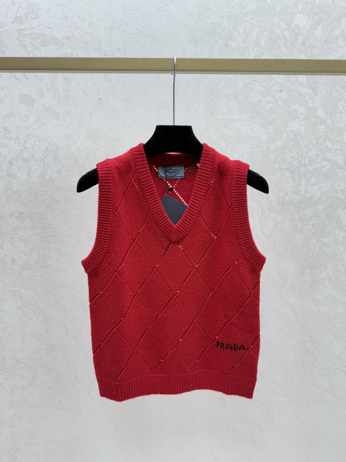 Prada Solid Color Checker and Hollow Round Neck Knitted Vest in Pink, Khaki, Royal Blue and Red