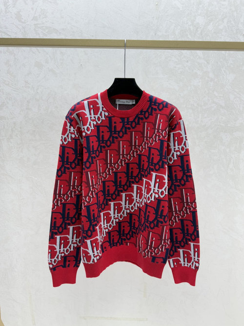 Dior Contrast Color Damask Letter Round Neck Knitted Long Sleeve in Red