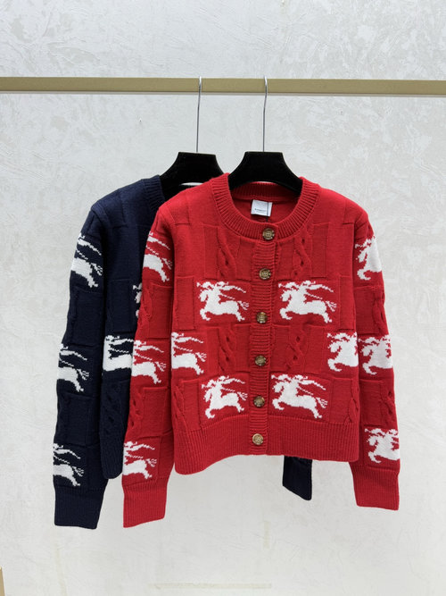 Burberry Contrast Color War Horse Jacquard Round Neck Knitted Long Sleeve Cardigan in Red and Royal Blue