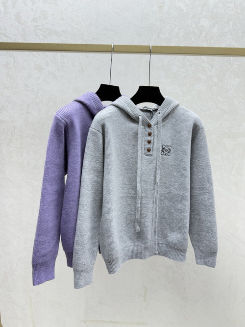 Loewe Solid Color Hooded Long-Sleeved Knit Top in Gray and Purple
