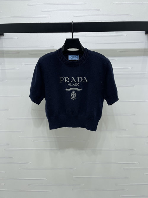 Prada High-quality Knitted Top with Logo Patterns and Puff Sleeves