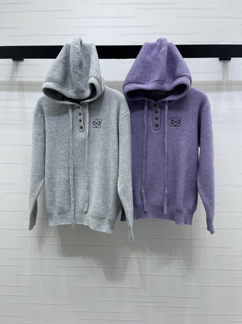 Loewe Luxurious Hooded Half-Button Knit Pullover Sweater with Emblem Ornament