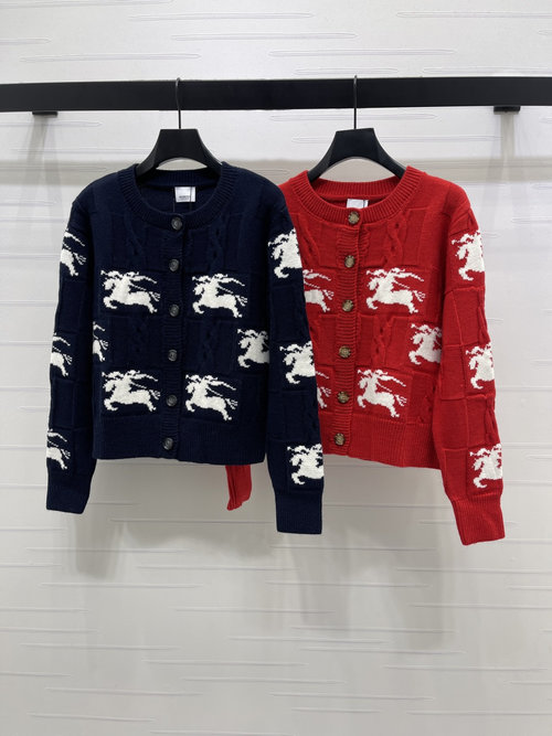 Burberry Cable-Knit Round-Neck Cardigan with War Horse Jacquard Pattern