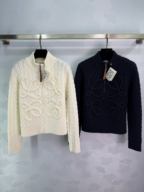 Loewe Stylish Hooked Jacquard Cardigan with Leather Zipper