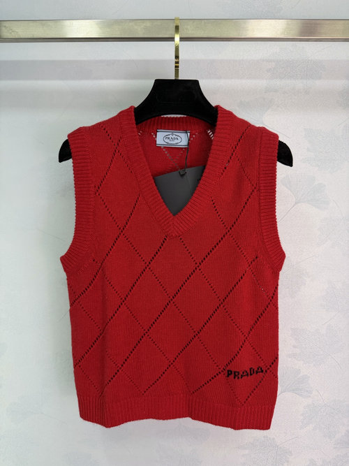 Prada V-Neck Diamond Knit Breathable Wool Vest, Chic and Slimming