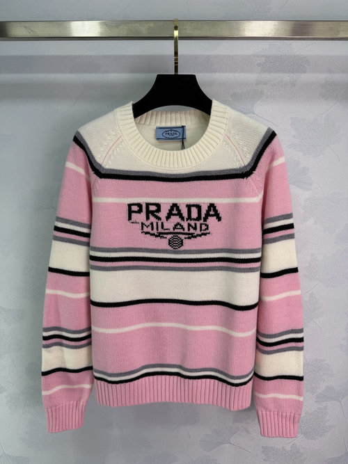 Prada Pink Striped Knit Shirt with Logo, Casual Refinement