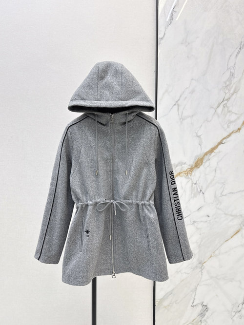 Dior Hooded Drawstring Mid-Length Jacket with Embroidered Details