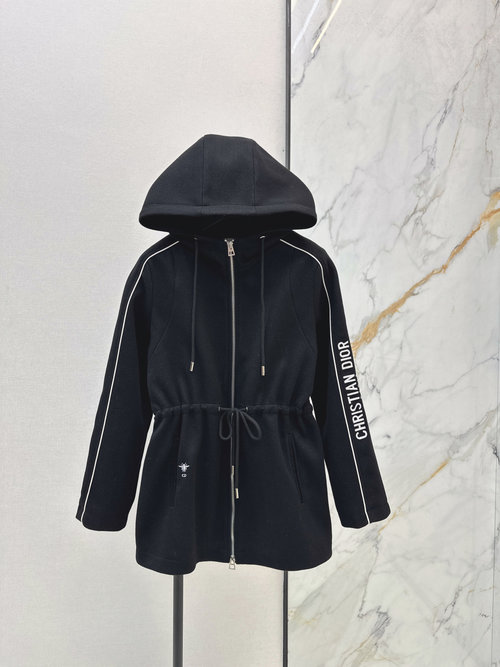 Dior Hooded Drawstring Mid-Length Jacket with Embroidered Details