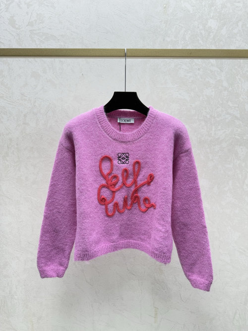 Loewe Contrast Letter Round Neck Knitted Long Sleeve Top in Pink