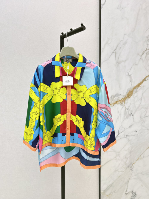 Hermes Art Floral Print Silk Shirt with Loose Fit, Elegant and Slimming