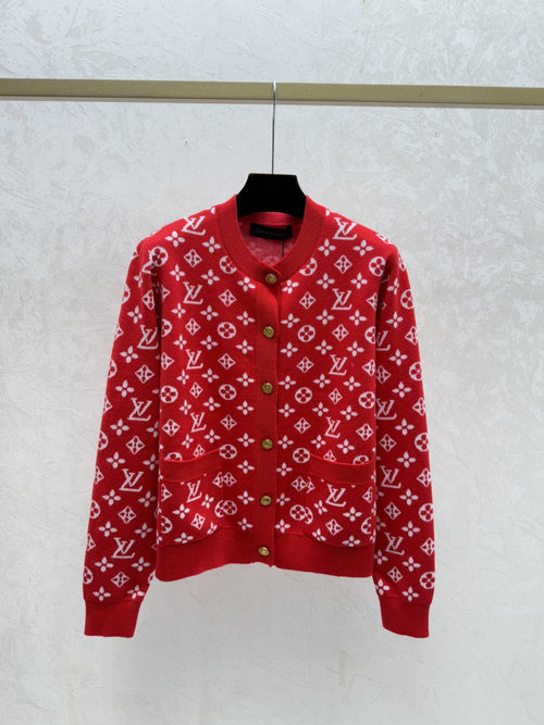 Louis Vuitton Knitted Long Sleeve Cardigan with Contrast Floral Letters in Red