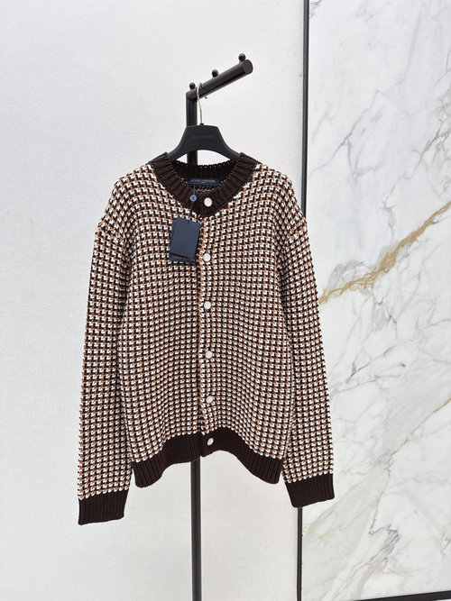 Louis Vuitton Houndstooth Knit Cardigan in Brown, White and Black, Vintage and Trendy