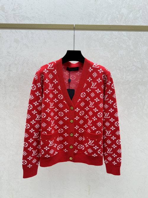 Louis Vuitton Knitted Long Sleeve Cardigan with Contrast Floral V - Neck in Red