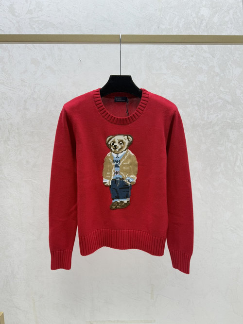 Polo Ralph Lauren Color-Blocked Bear Jacquard Round Neck Long-Sleeved Knit Top in Red