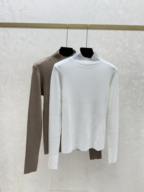 Dior Solid Color Knitted High-Neck Long Sleeve in White and Coffee