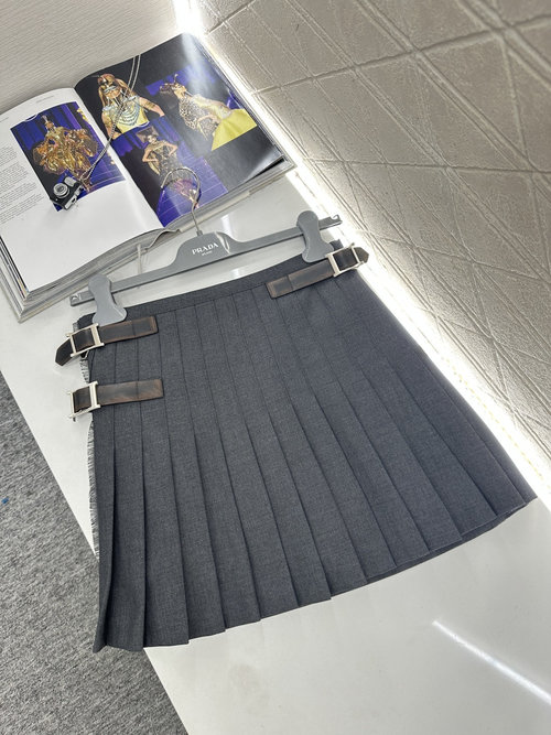 Prada High - Waisted Distressed Belted Pleated Skirt in Vintage Design