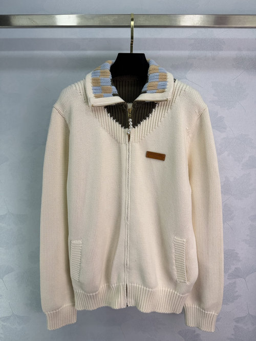 Louis Vuitton Zip-Up Striped Collar Knitted Jacket with Leather Tag
