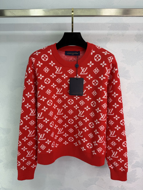 Louis Vuitton Round Neck Intarsia Long Sleeve Sweater with Contrasting Trim, Classic Elegance