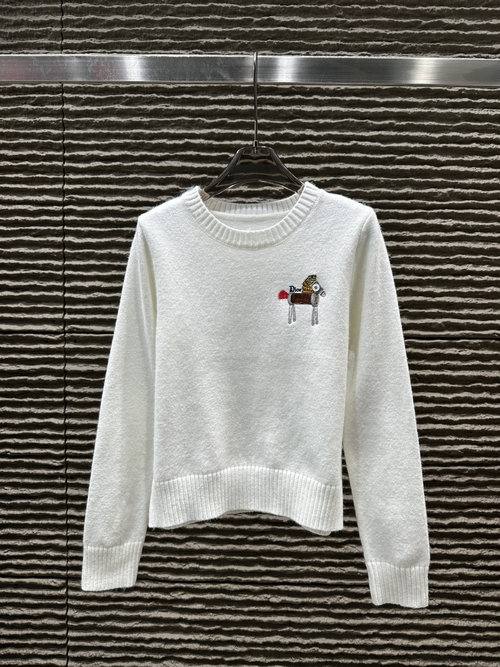 Dior Sophisticated Design: Embroidered Pony Crew Neck Knit Long Sleeve Sweater