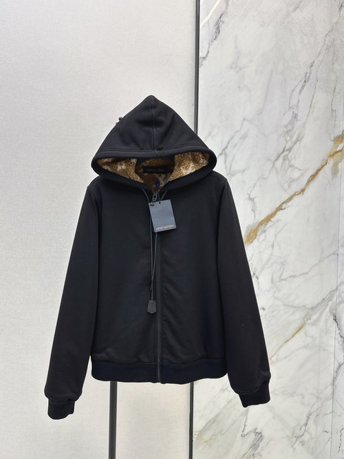 Louis Vuitton Logo Lamb Wool-Lined Hooded Casual Coat, Stylish and Practical
