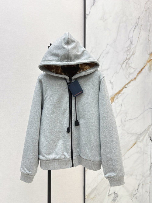 Louis Vuitton Logo Lamb Wool-Lined Hooded Casual Coat, Stylish and Practical